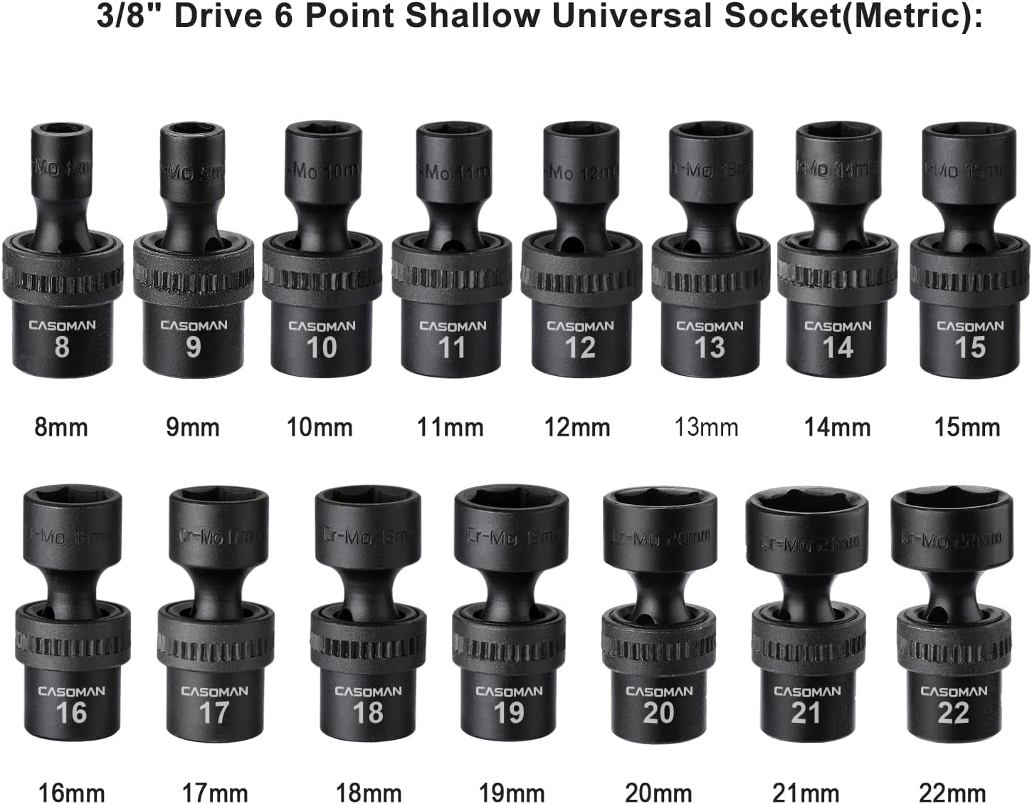 15 PCS 3/8" Drive Standard Universal Impact Socket Set, 6 Point, Metric,8-22Mm