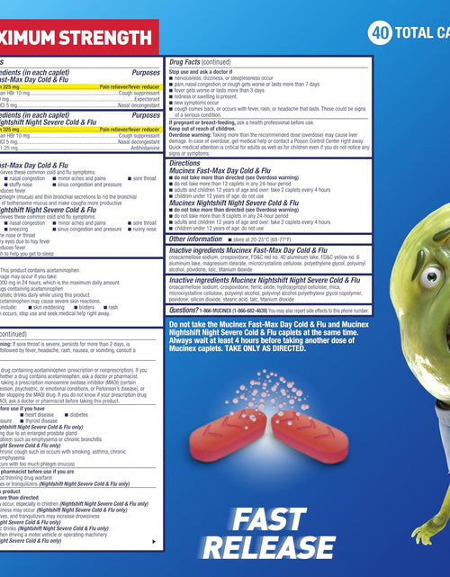 Load image into Gallery viewer, Maximum Strength  Fast-Max Day Cold &amp; Flu &amp; Nightshift Night Severe Cold &amp; Flu All in One, Fast Release, Powerful Multi-Symptom Relief, 40 Caplets (24 Day Time + 16 Night Time)

