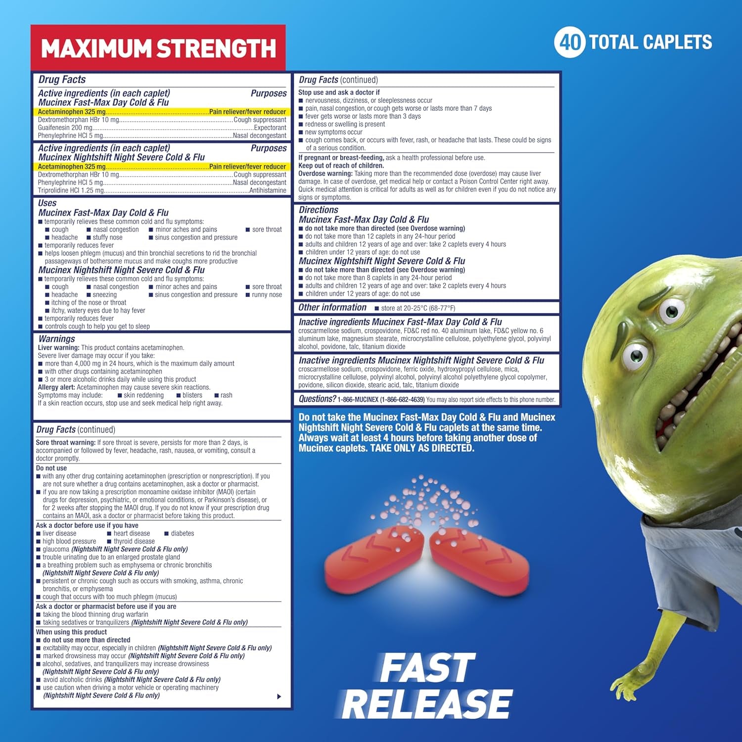 Maximum Strength  Fast-Max Day Cold & Flu & Nightshift Night Severe Cold & Flu All in One, Fast Release, Powerful Multi-Symptom Relief, 40 Caplets (24 Day Time + 16 Night Time)