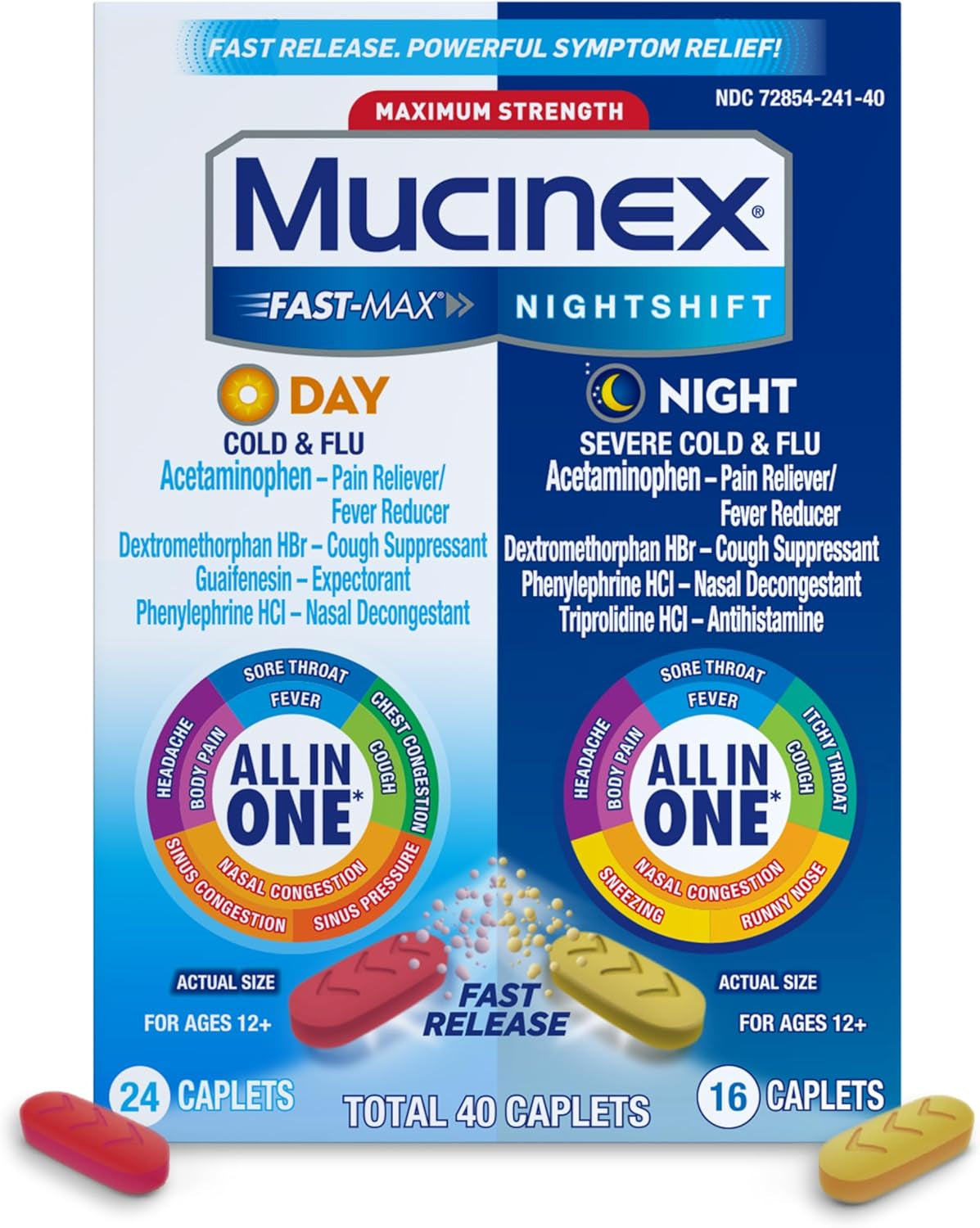 Maximum Strength  Fast-Max Day Cold & Flu & Nightshift Night Severe Cold & Flu All in One, Fast Release, Powerful Multi-Symptom Relief, 40 Caplets (24 Day Time + 16 Night Time)