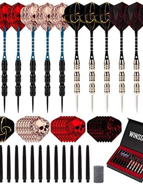 Load image into Gallery viewer, Darts Metal Tip Set Professional Metal Darts for Dartboard Steel Tip Darts with Nonslip Iron Barrel Aluminum Dart Shafts,Extra Flights,Dart Sharpener,Gift Box
