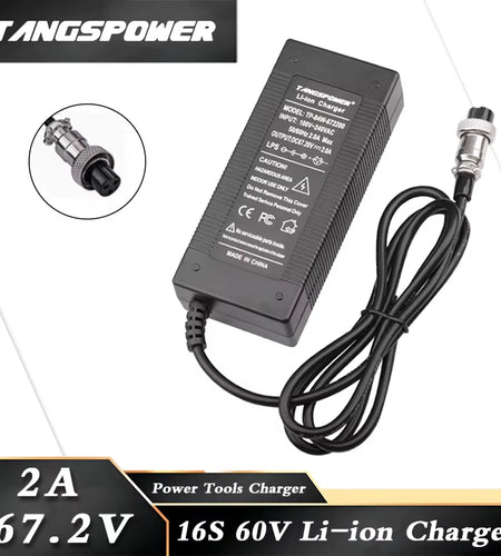 67.2V 2A Lithium Battery Charger for 16S 60V Li-Ion Battery Pack Fast Charging 3Pin-Gx16 Connector Electric Bicycle Charger