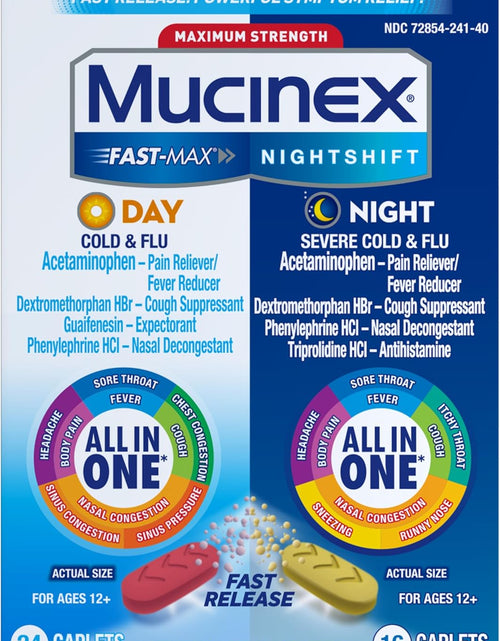Load image into Gallery viewer, Maximum Strength  Fast-Max Day Cold &amp; Flu &amp; Nightshift Night Severe Cold &amp; Flu All in One, Fast Release, Powerful Multi-Symptom Relief, 40 Caplets (24 Day Time + 16 Night Time)
