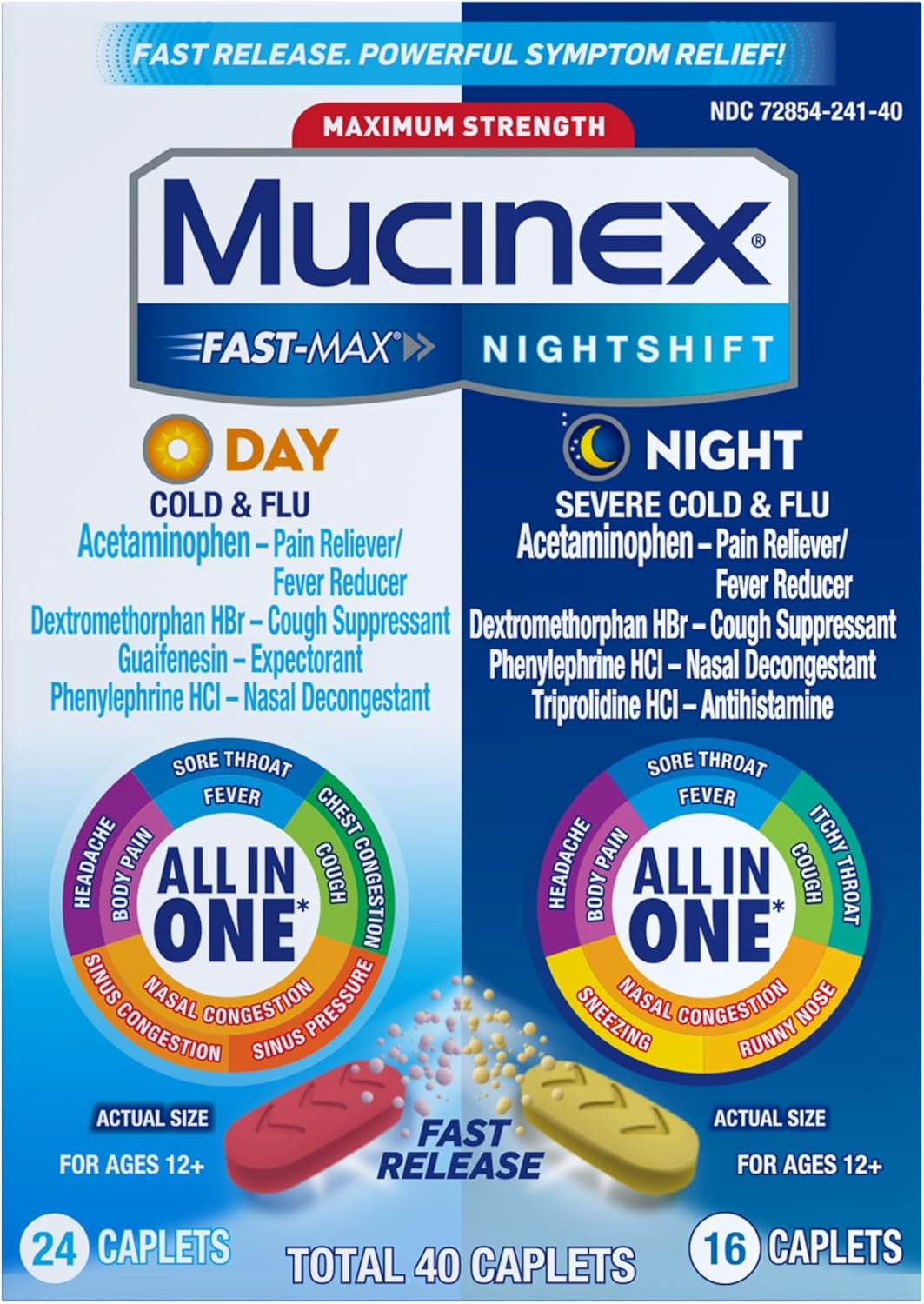 Maximum Strength  Fast-Max Day Cold & Flu & Nightshift Night Severe Cold & Flu All in One, Fast Release, Powerful Multi-Symptom Relief, 40 Caplets (24 Day Time + 16 Night Time)