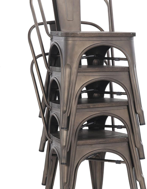 Load image into Gallery viewer, Metal Dining Chairs, Indoor/Outdoor and Stackable, Set of 4 (Bronze with Wooden Seat)
