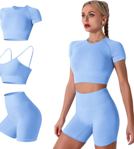 Women Seamless Yoga Outfits 2 Piece Workout Short Sleeve Crop Top with High Waisted Running Shorts Sets Activewear