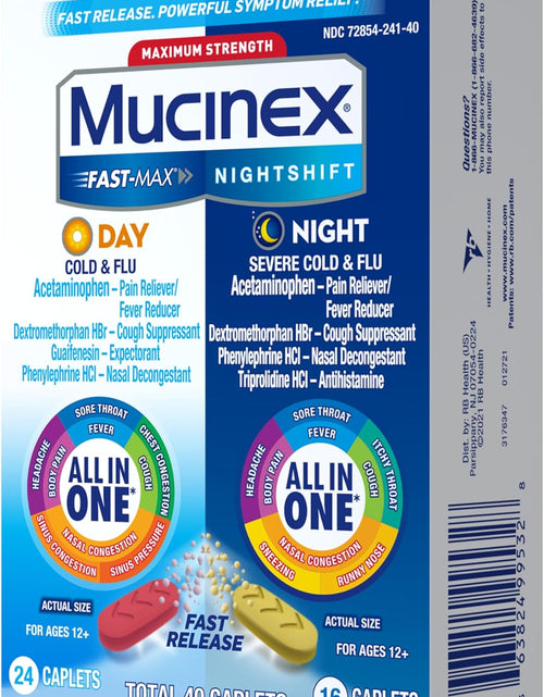Load image into Gallery viewer, Maximum Strength  Fast-Max Day Cold &amp; Flu &amp; Nightshift Night Severe Cold &amp; Flu All in One, Fast Release, Powerful Multi-Symptom Relief, 40 Caplets (24 Day Time + 16 Night Time)
