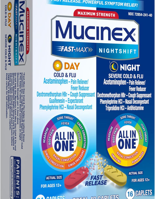 Load image into Gallery viewer, Maximum Strength  Fast-Max Day Cold &amp; Flu &amp; Nightshift Night Severe Cold &amp; Flu All in One, Fast Release, Powerful Multi-Symptom Relief, 40 Caplets (24 Day Time + 16 Night Time)
