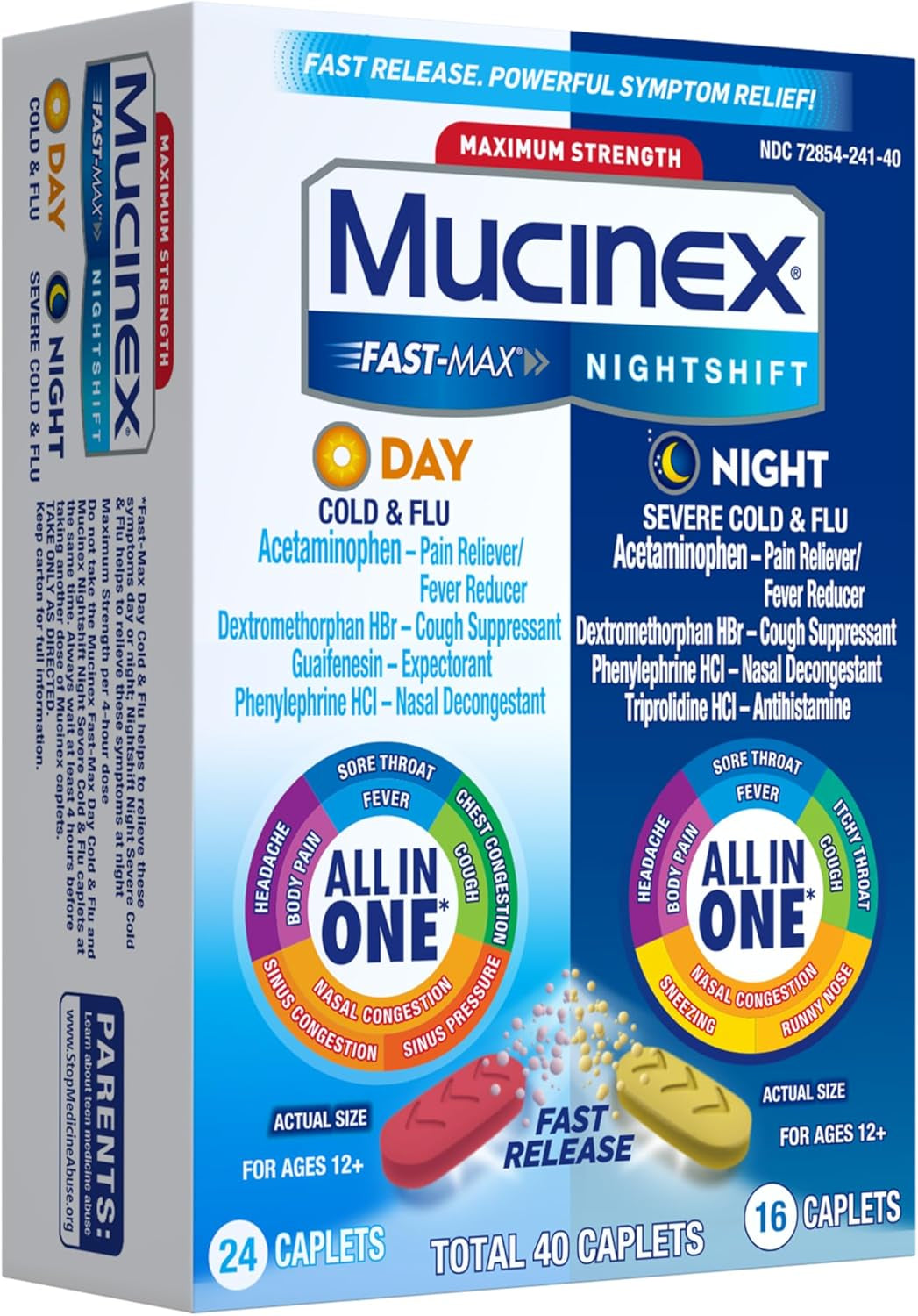Maximum Strength  Fast-Max Day Cold & Flu & Nightshift Night Severe Cold & Flu All in One, Fast Release, Powerful Multi-Symptom Relief, 40 Caplets (24 Day Time + 16 Night Time)